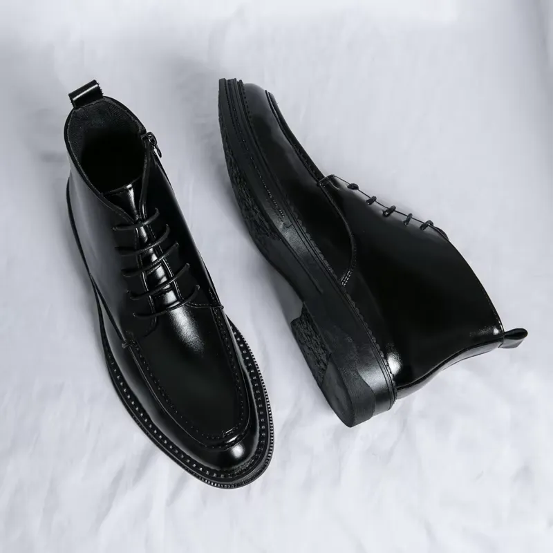 Men's Glossy Vegan Leather Lace-up Boots with Zipper | Ideal for All Seasons