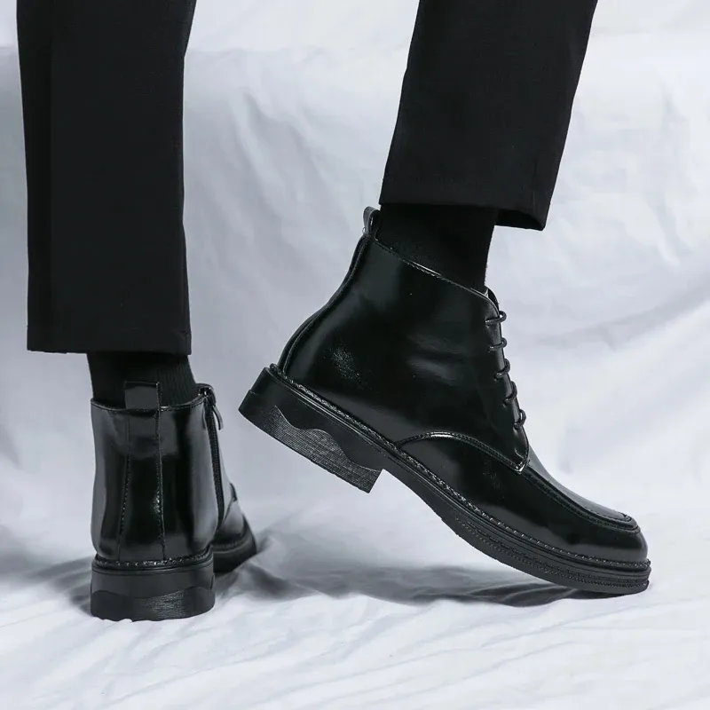 Men's Glossy Vegan Leather Lace-up Boots with Zipper | Ideal for All Seasons