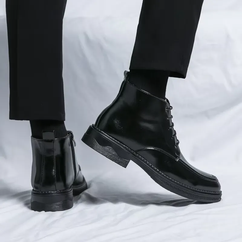 Men's Glossy Vegan Leather Lace-up Boots with Zipper | Ideal for All Seasons