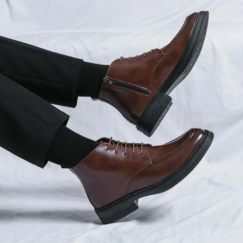Men's Glossy Vegan Leather Lace-up Boots with Zipper | Ideal for All Seasons