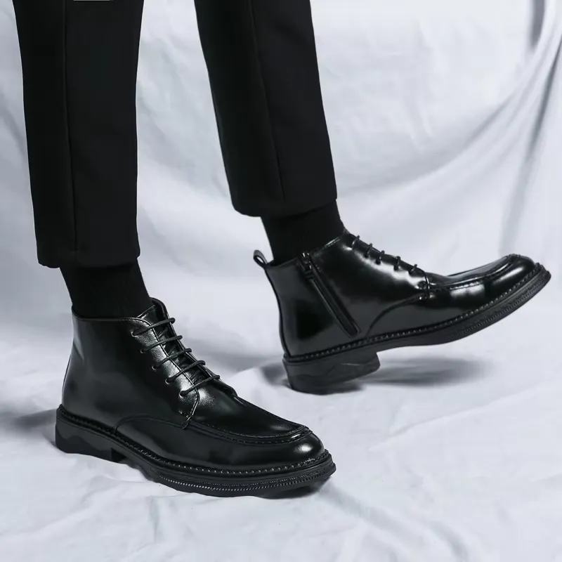Men's Glossy Vegan Leather Lace-up Boots with Zipper | Ideal for All Seasons