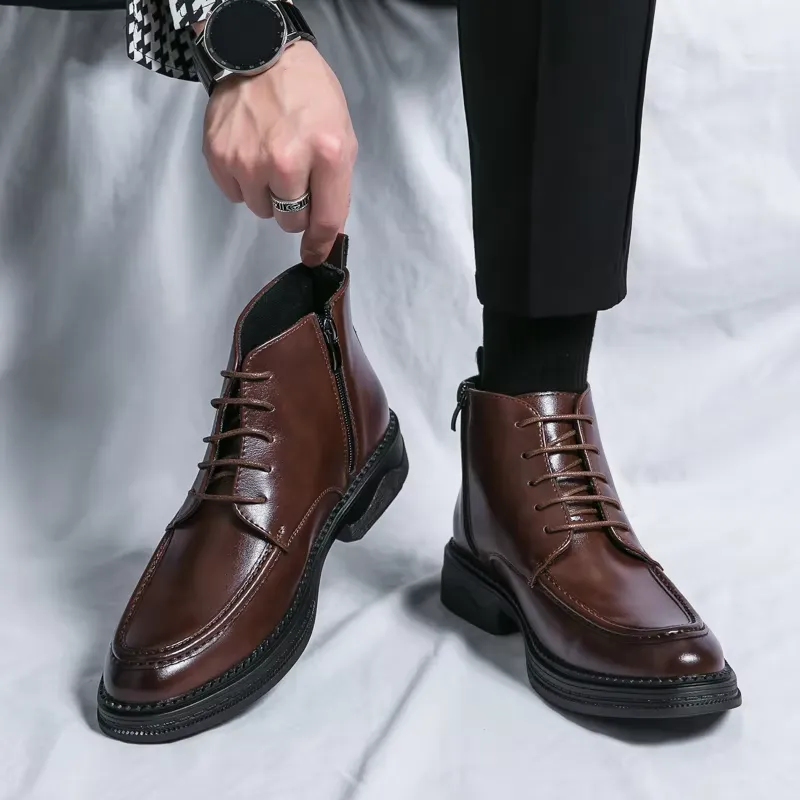Men's Glossy Vegan Leather Lace-up Boots with Zipper | Ideal for All Seasons