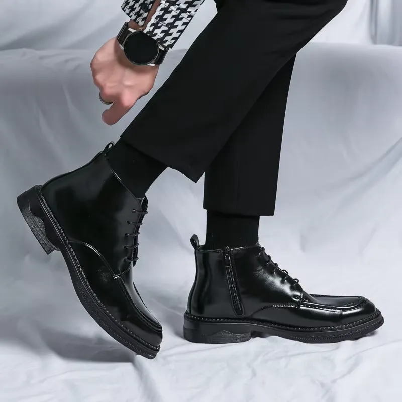 Men's Glossy Vegan Leather Lace-up Boots with Zipper | Ideal for All Seasons