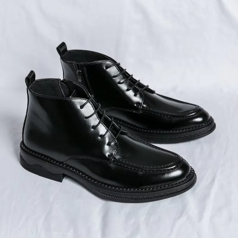 Men's Glossy Vegan Leather Lace-up Boots with Zipper | Ideal for All Seasons