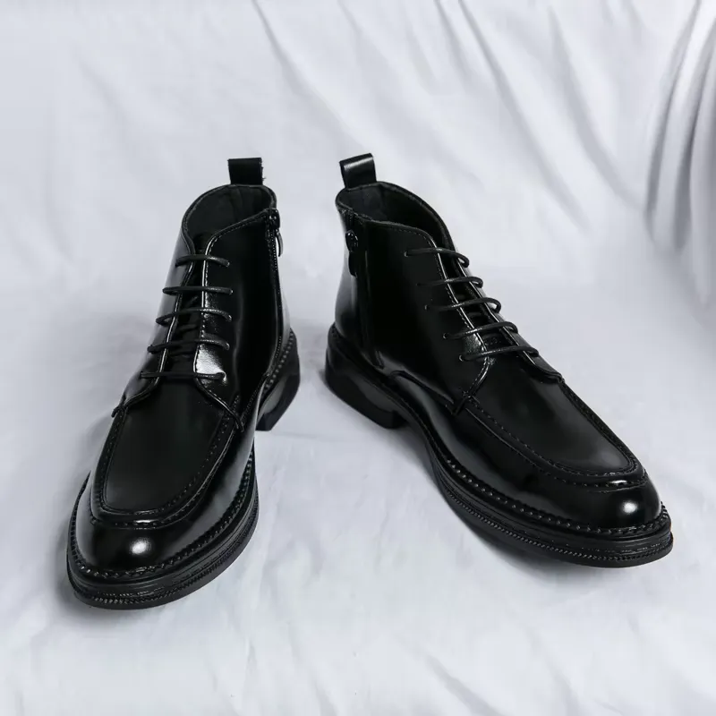 Men's Glossy Vegan Leather Lace-up Boots with Zipper | Ideal for All Seasons