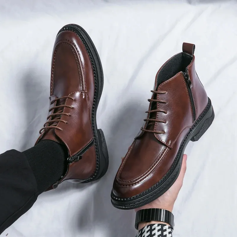 Men's Glossy Vegan Leather Lace-up Boots with Zipper | Ideal for All Seasons