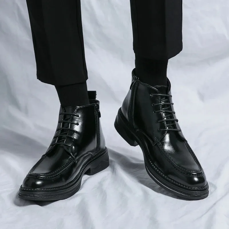 Men's Glossy Vegan Leather Lace-up Boots with Zipper | Ideal for All Seasons