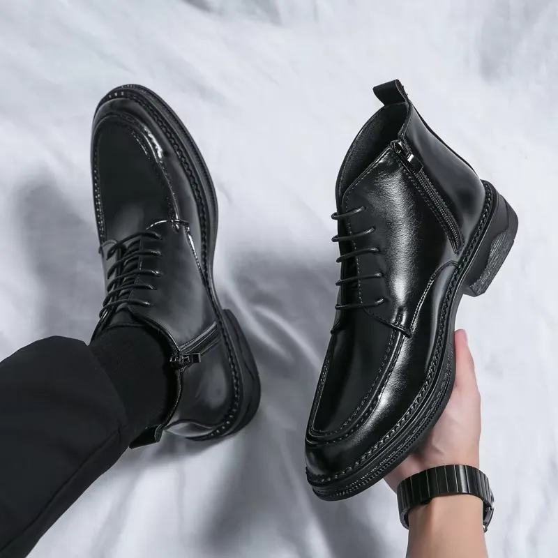 Men's Glossy Vegan Leather Lace-up Boots with Zipper | Ideal for All Seasons