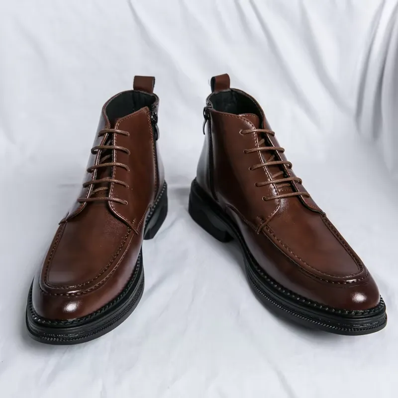 Men's Glossy Vegan Leather Lace-up Boots with Zipper | Ideal for All Seasons