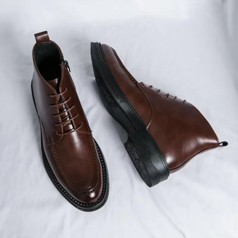 Men's Glossy Vegan Leather Lace-up Boots with Zipper | Ideal for All Seasons