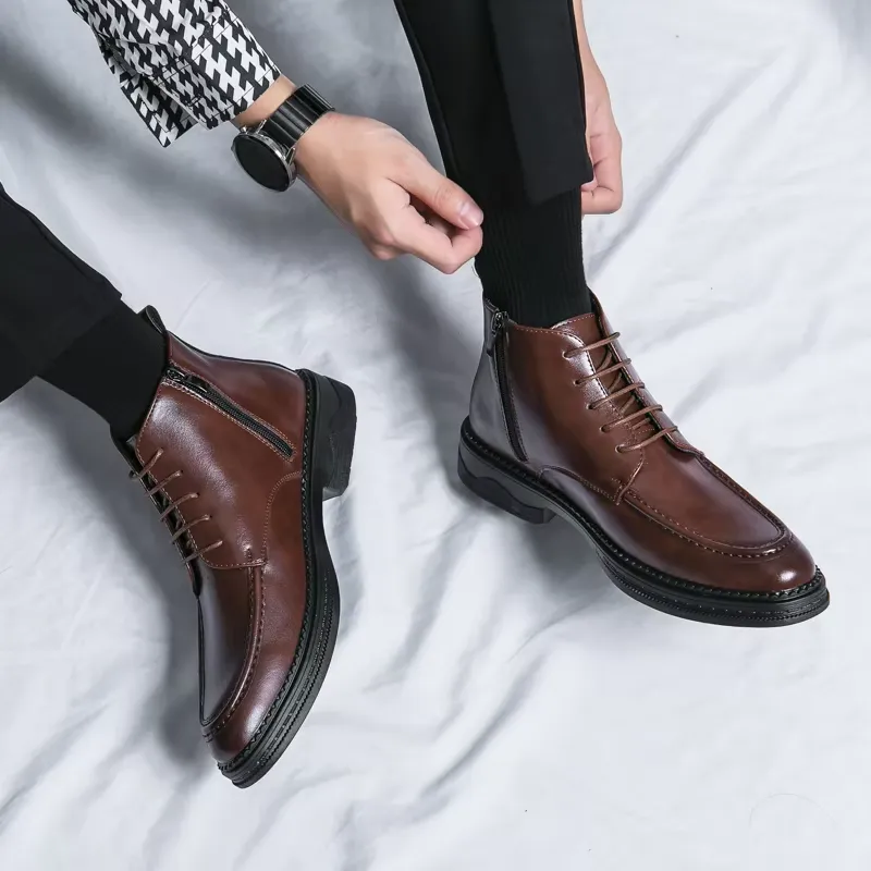 Men's Glossy Vegan Leather Lace-up Boots with Zipper | Ideal for All Seasons