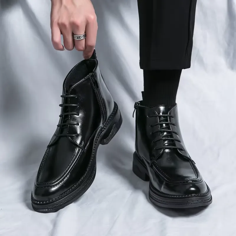 Men's Glossy Vegan Leather Lace-up Boots with Zipper | Ideal for All Seasons