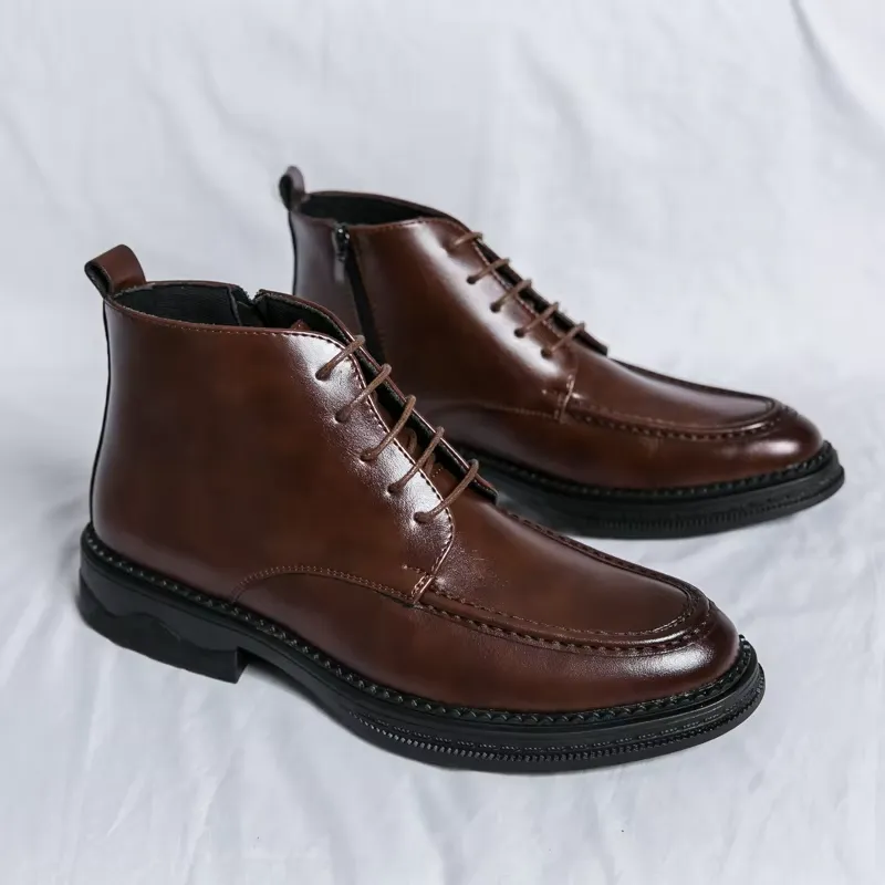 Men's Glossy Vegan Leather Lace-up Boots with Zipper | Ideal for All Seasons