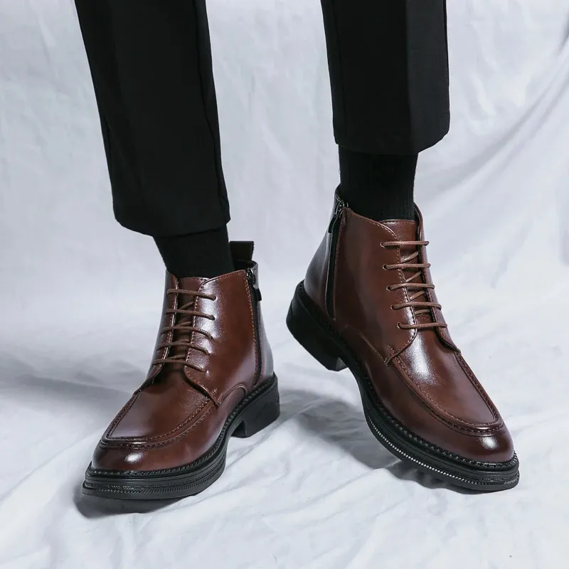 Men's Glossy Vegan Leather Lace-up Boots with Zipper | Ideal for All Seasons