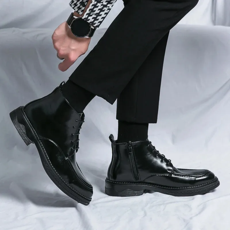 Men's Glossy Vegan Leather Lace-up Boots with Zipper | Ideal for All Seasons