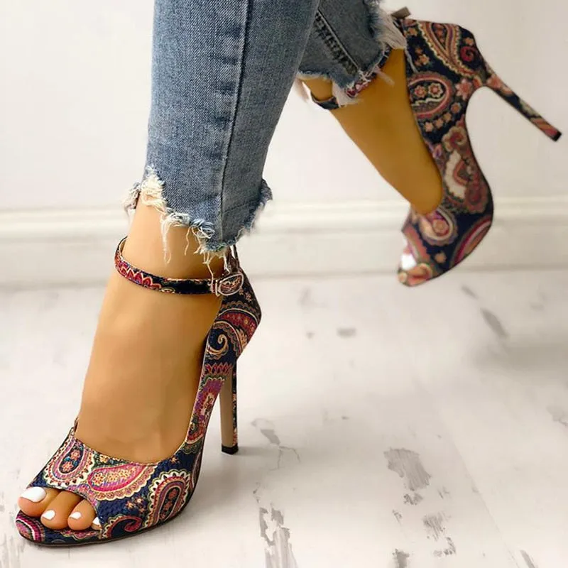 Peep Toe Print Buckle High Heels