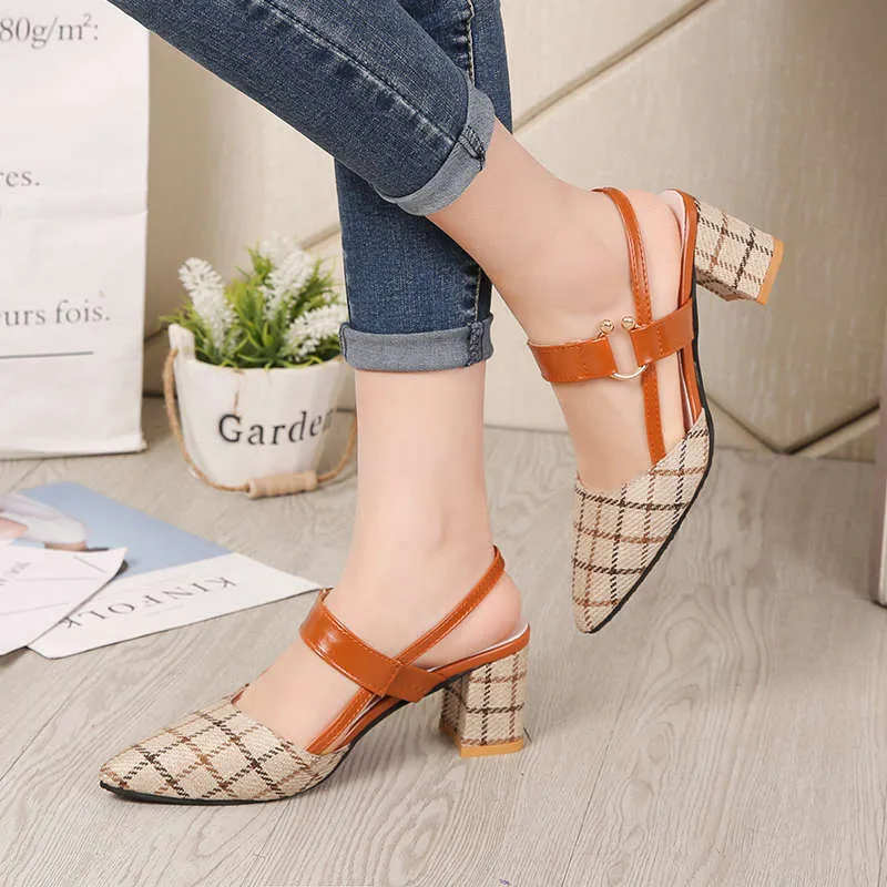 Plaid Pointed Toe Chunky Heel High Heels