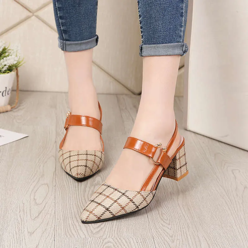 Plaid Pointed Toe Chunky Heel High Heels