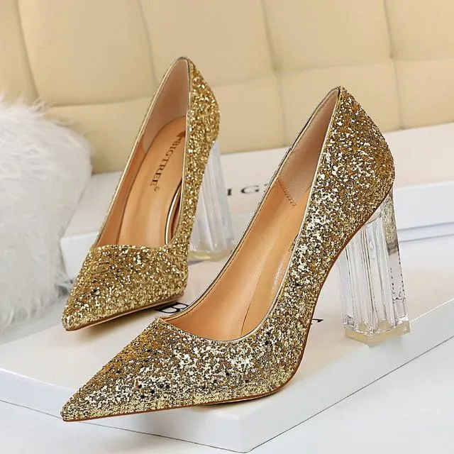 Pointed Toe Pumps Transparent Crystal Glitter High Heels