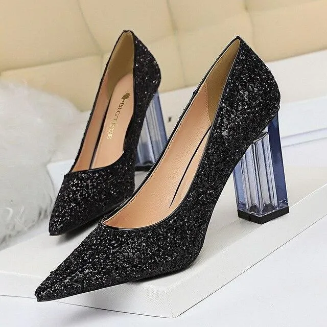 Pointed Toe Pumps Transparent Crystal Glitter High Heels