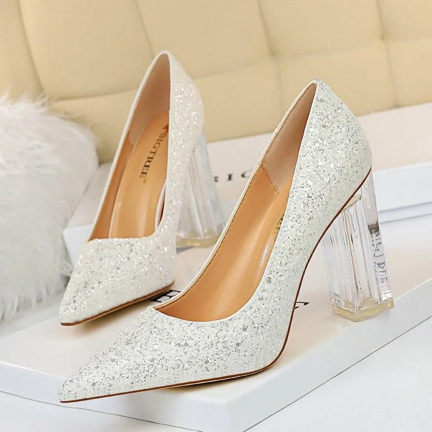 Pointed Toe Pumps Transparent Crystal Glitter High Heels