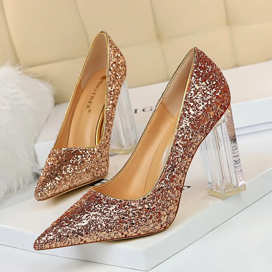 Pointed Toe Pumps Transparent Crystal Glitter High Heels