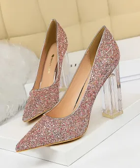 Pointed Toe Pumps Transparent Crystal Glitter High Heels