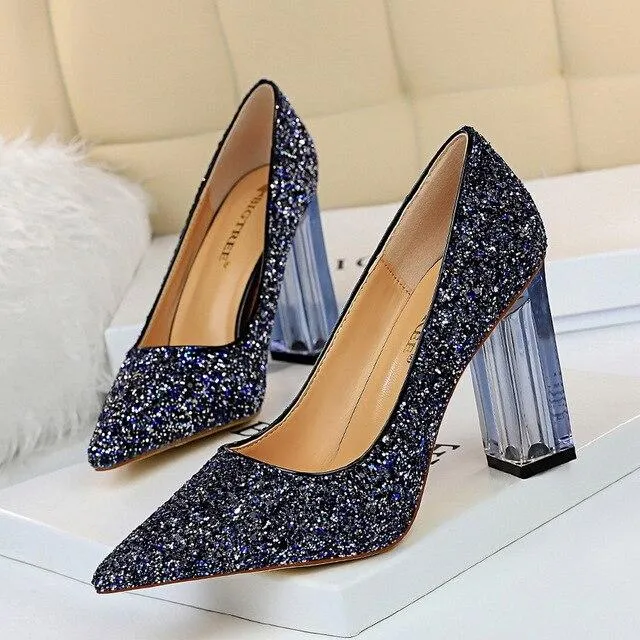 Pointed Toe Pumps Transparent Crystal Glitter High Heels