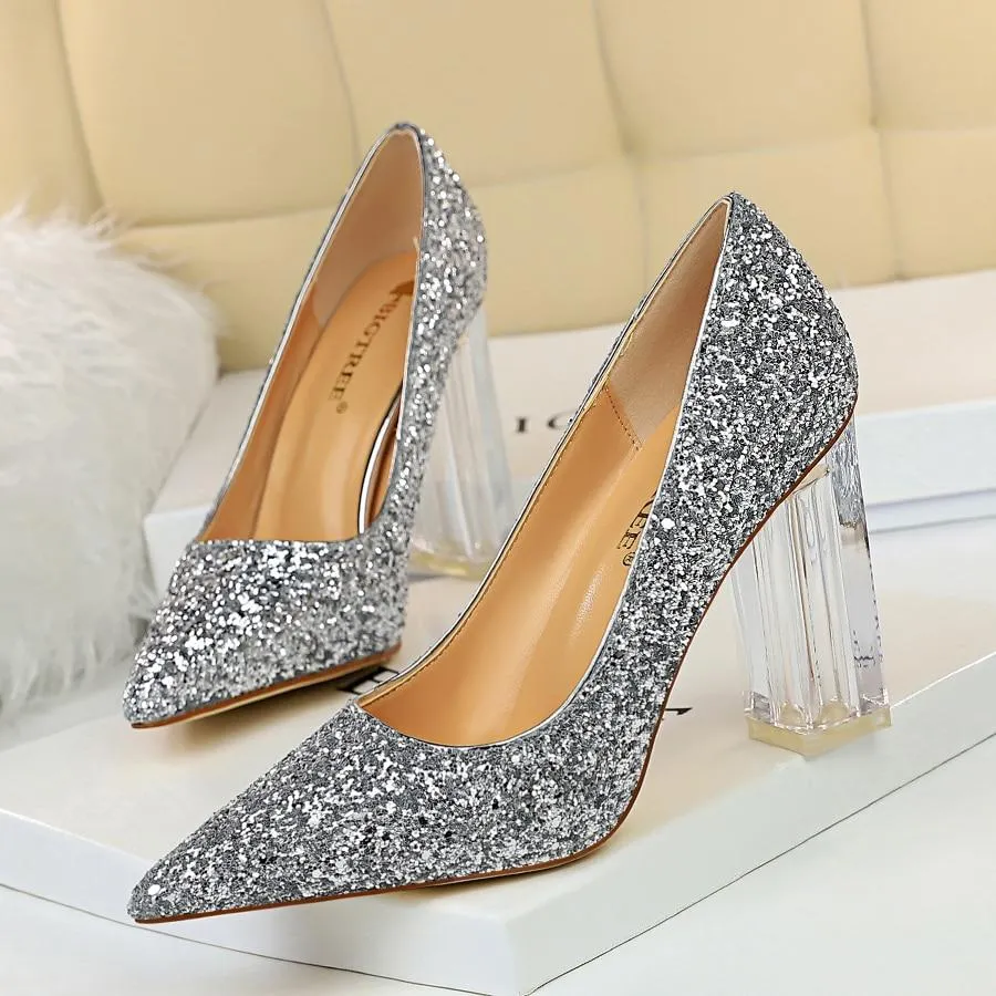Pointed Toe Pumps Transparent Crystal Glitter High Heels