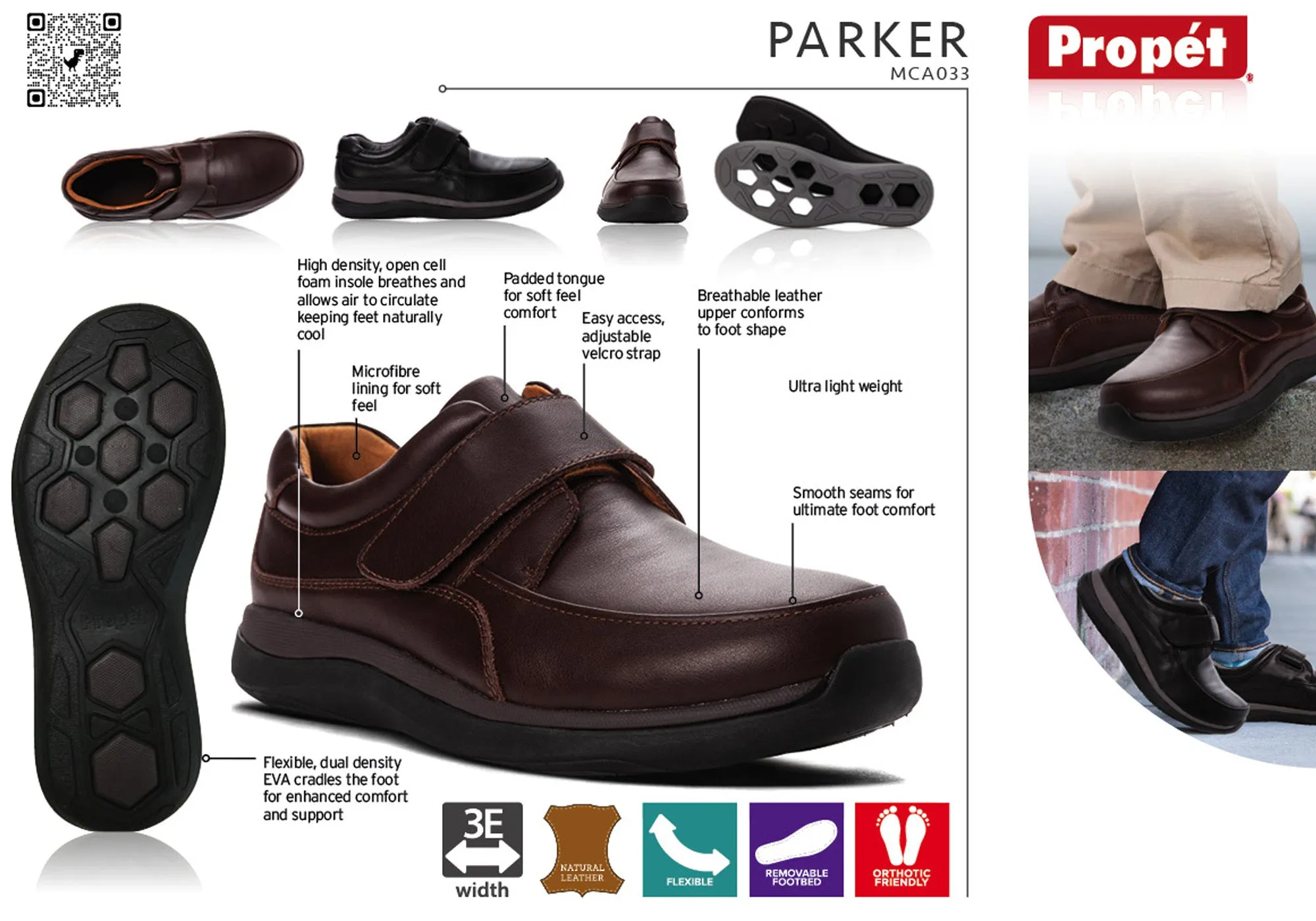 Propet Mens Parker 3E Extra Wide Leather Adjustable Strap Shoes