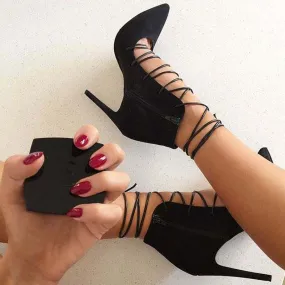 Sexy Black Strap Zipper Pointed Toe High Heels