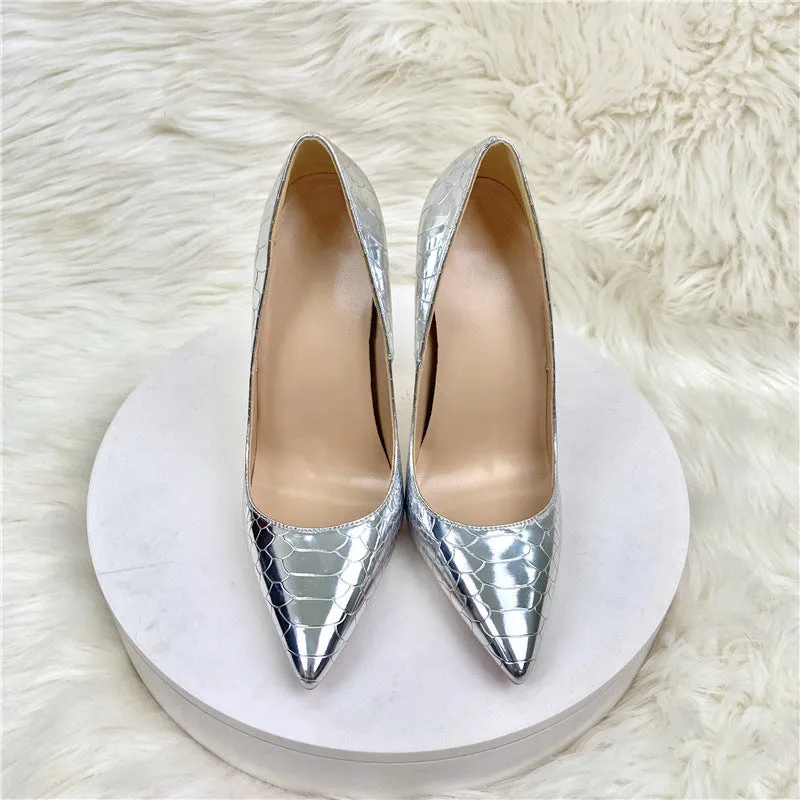 Silver Serpent Skin Patterned Pointed-Toe Stiletto Heels Shoes
