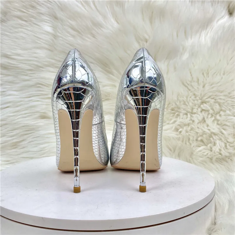 Silver Serpent Skin Patterned Pointed-Toe Stiletto Heels Shoes