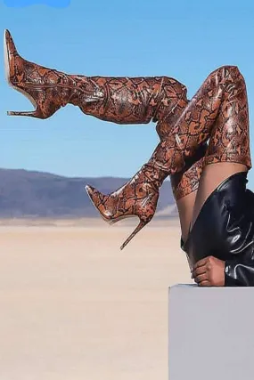 Snake Pattern Over The Knee High Heel Boot