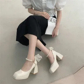 Sohiwoo Elegant Pumps Women Heels Shoes Leather Mary Janes Square Toe String Bead Decorate Ladies Shoes Office Black White Retro