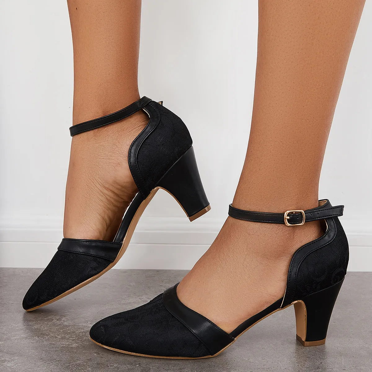 Sohiwoo woman formal Closed Toe Block Heel Lace Satin Pumps Ankle Strap Wedding Shoes