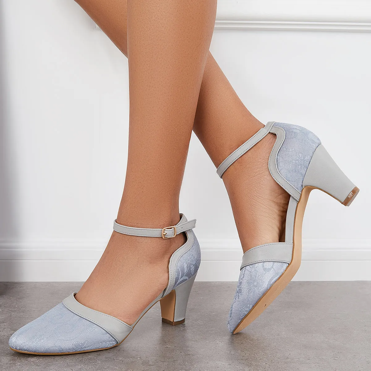 Sohiwoo woman formal Closed Toe Block Heel Lace Satin Pumps Ankle Strap Wedding Shoes