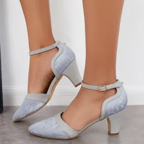 Sohiwoo woman formal Closed Toe Block Heel Lace Satin Pumps Ankle Strap Wedding Shoes