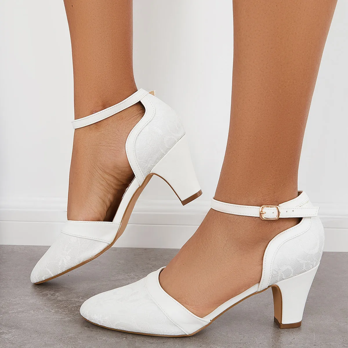 Sohiwoo woman formal Closed Toe Block Heel Lace Satin Pumps Ankle Strap Wedding Shoes