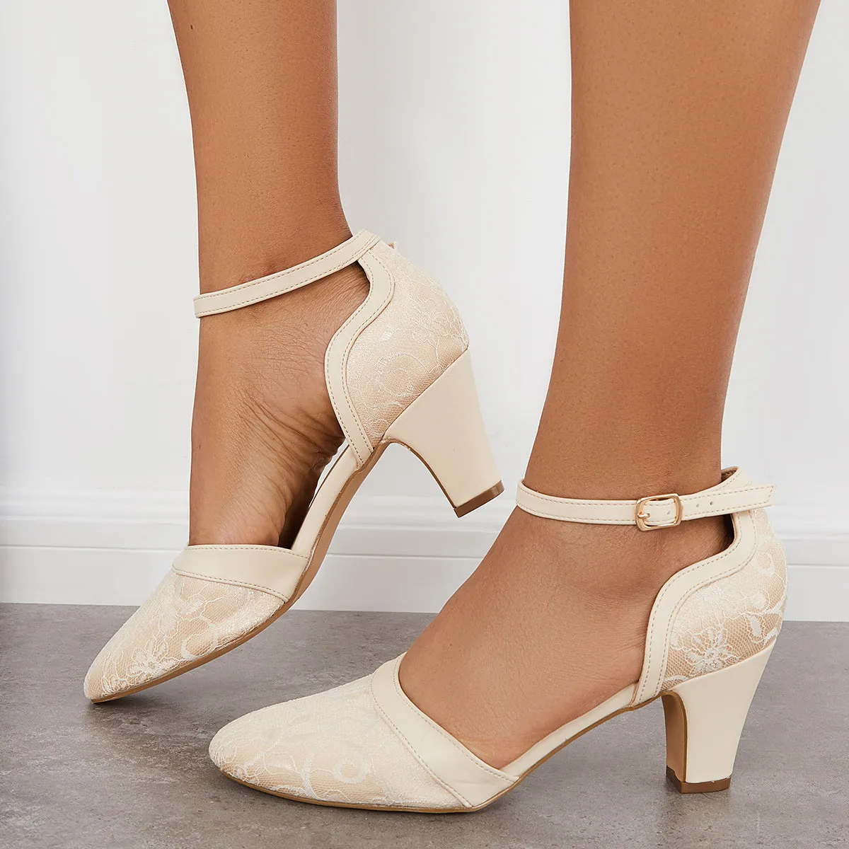 Sohiwoo woman formal Closed Toe Block Heel Lace Satin Pumps Ankle Strap Wedding Shoes