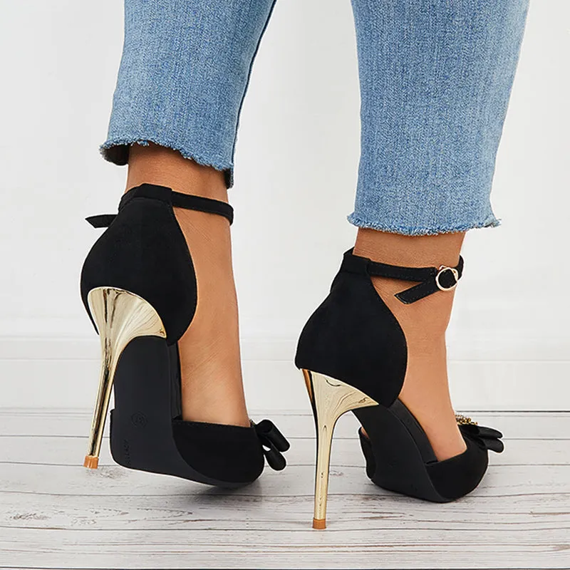 Sohiwoo  Women Black Pointed Toe Stilettos Ankle Strap High Heel Pumps