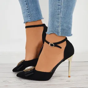 Sohiwoo  Women Black Pointed Toe Stilettos Ankle Strap High Heel Pumps