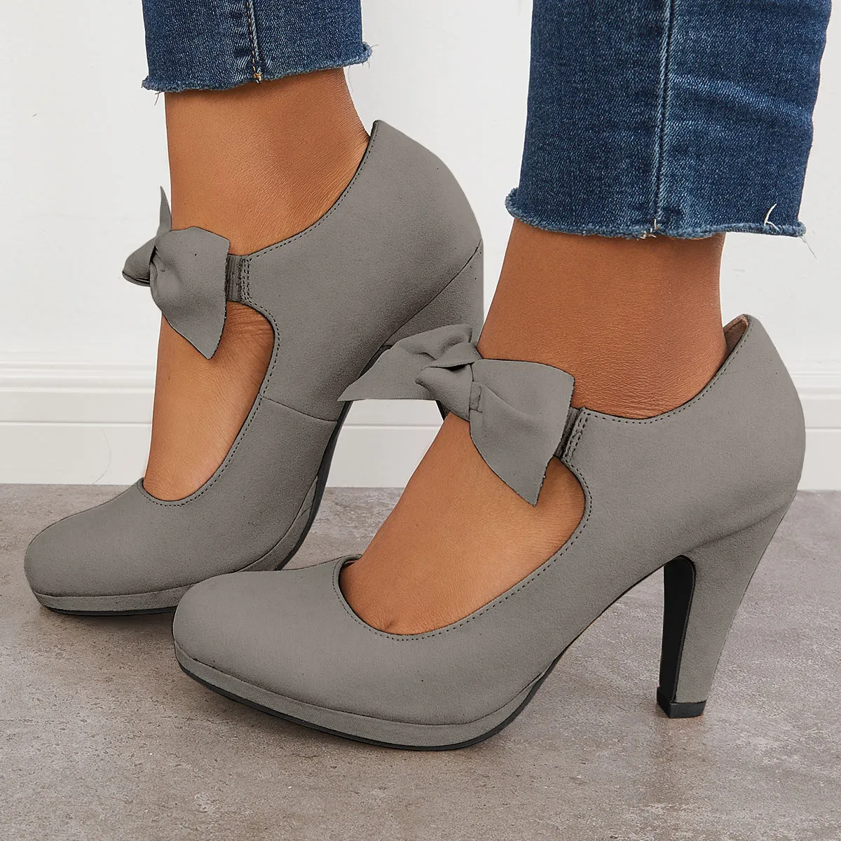 Sohiwoo Women Thick Heel Mary Jane Pumps Bowknot Round Toe Ankle Strap Heels