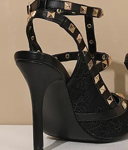 Tillbuy Lace flower pointed rivets high heels