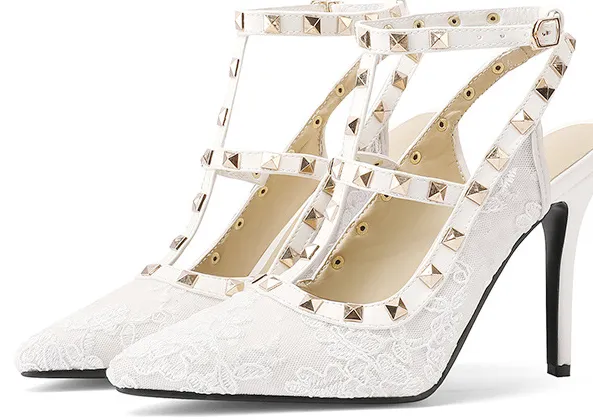 Tillbuy Lace flower pointed rivets high heels