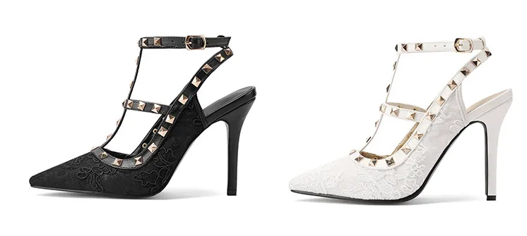 Tillbuy Lace flower pointed rivets high heels