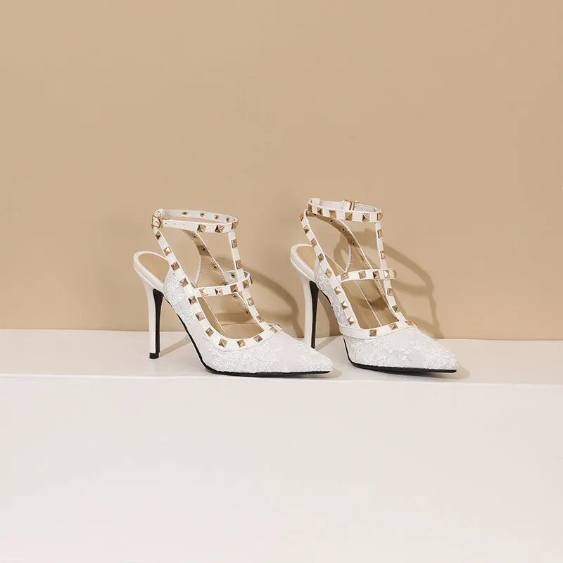 Tillbuy Lace flower pointed rivets high heels
