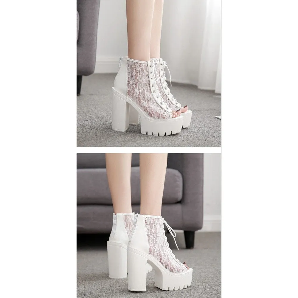 Women Lace Peep Toe Footwear Boots Mesh Rome Style Shoes