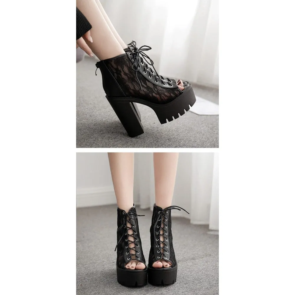 Women Lace Peep Toe Footwear Boots Mesh Rome Style Shoes