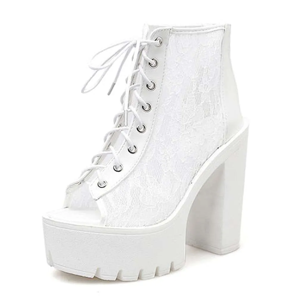Women Lace Peep Toe Footwear Boots Mesh Rome Style Shoes